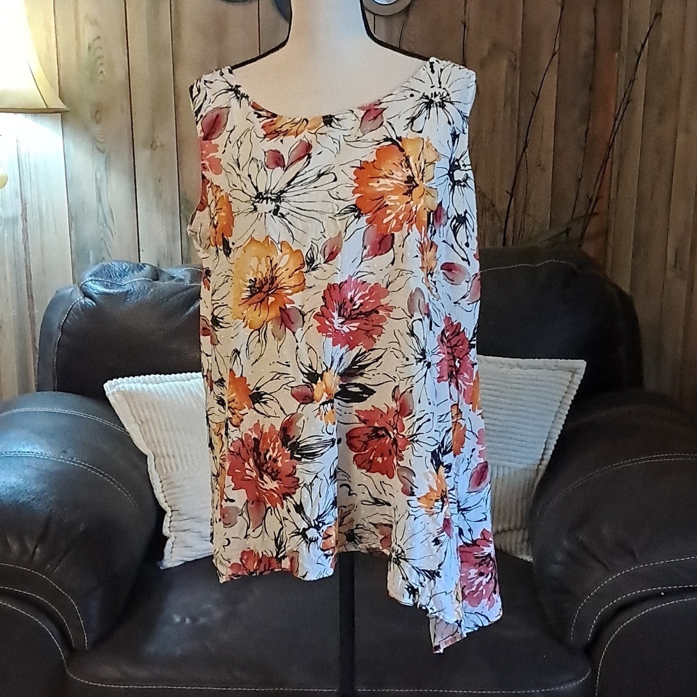 Lantana Casuals 100% Cotton Floral Tank Top Womens Size L White Blue Sleeveless